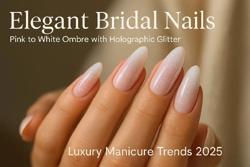 Elegant Bridal Nails: Pink to White Ombre with Holographic Glitter
